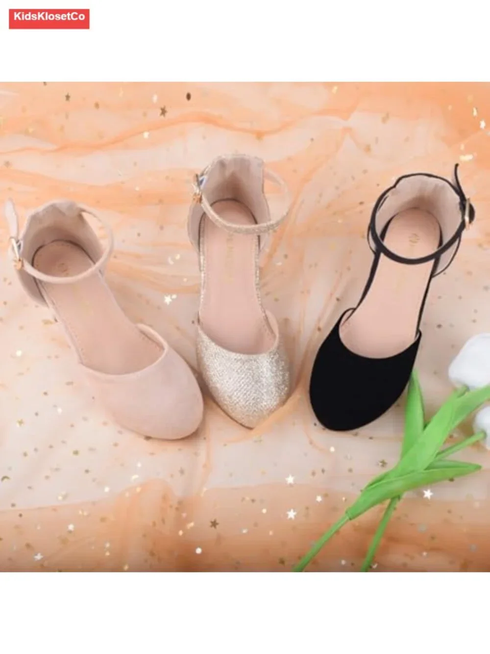 Girls Glitter Mary Jane Flats with Elastic Strap, Low Heel Dress Shoes